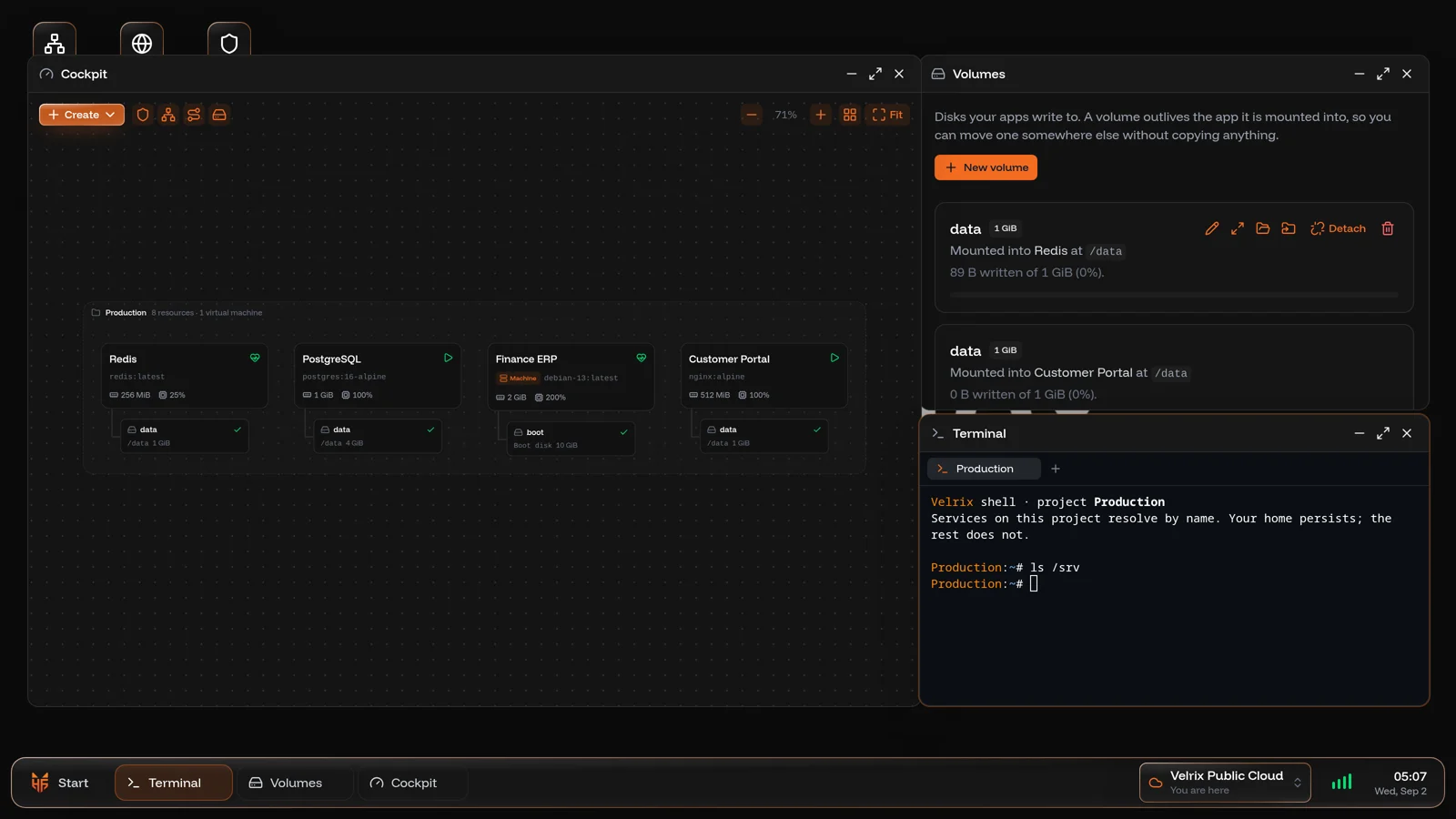 Velrix. The cloud platform: containers, machines and projects that are their own networks.